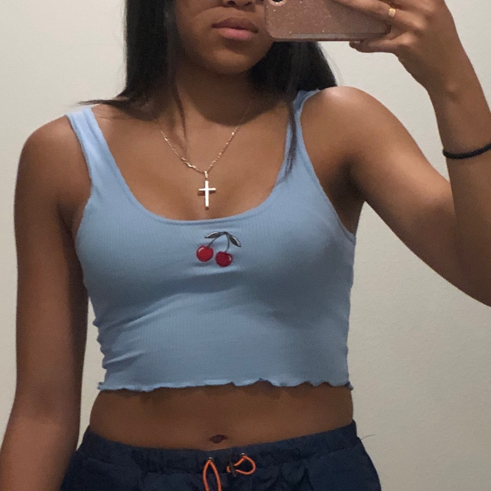 Baby Blue Embroidered Cherry Rib crop top